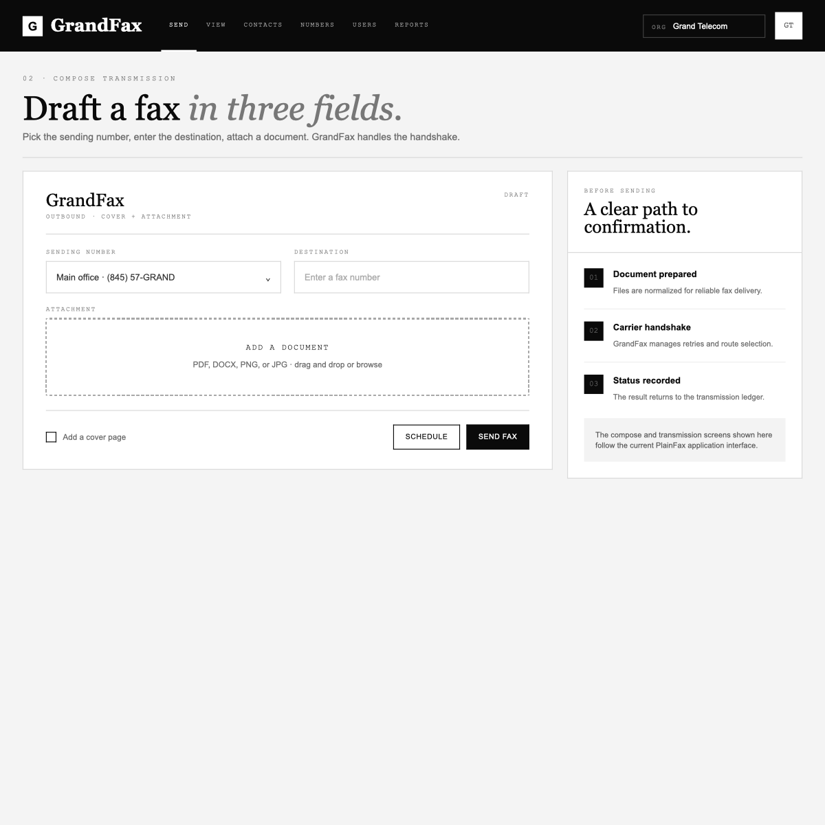 GrandFax compose screen modeled on the current PlainFax interface